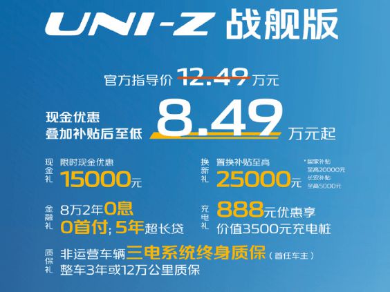 长安UNI-Z 125KM战舰版上市 优惠叠加补贴8.49万起2