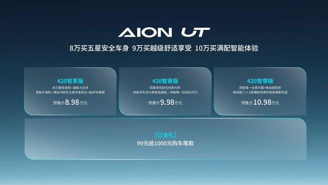 十万级纯电车再添猛将 埃安AION UT预售8.98万元起3